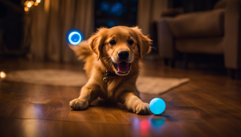 Glow-in-the-dark dog playing with a light-up toy
